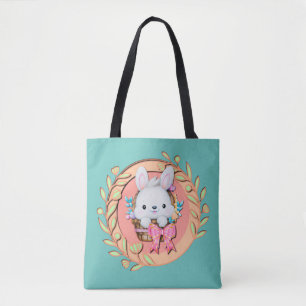 Fluffy Bunny Sitting in Easter Basket 3D Design Tote Bag