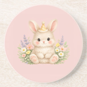 Fluffy Bunny Wildflower Design for Charming Garden Coaster
