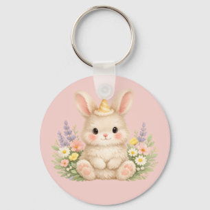 Fluffy Bunny Wildflower Design for Charming Garden Key Ring