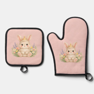 Fluffy Bunny Wildflower Design for Charming Garden Oven Mitt & Pot Holder Set
