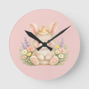 Fluffy Bunny Wildflower Design for Charming Garden Round Clock