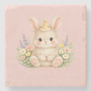 Fluffy Bunny Wildflower Design for Charming Garden Stone Coaster