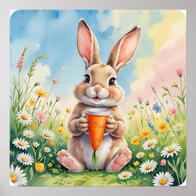 Fluffy & Caffeinated – Spring Bunny Coffee Scene Poster (Front)