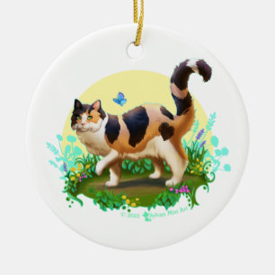 Fluffy Calico Cat with Butterfly Ceramic Ornament