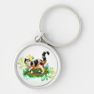 Fluffy Calico Cat with Butterfly Key Ring