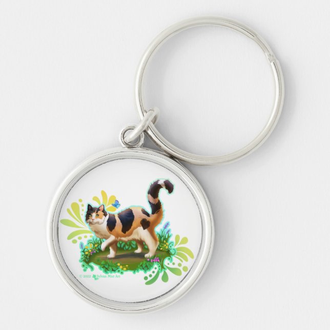Fluffy Calico Cat with Butterfly Key Ring (Front)