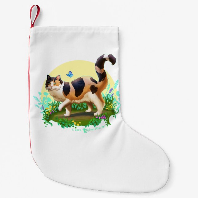 Fluffy Calico Cat with Butterfly Small Christmas Stocking (Front)