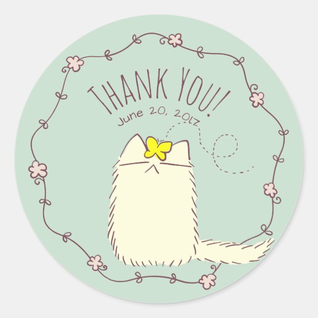 Fluffy Cat and Yellow Butterfly Custom text Classic Round Sticker (Front)