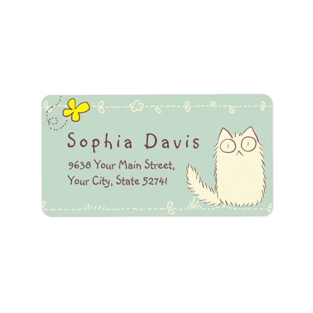 Fluffy Cat and Yellow Butterfly Custom text Label (Front)