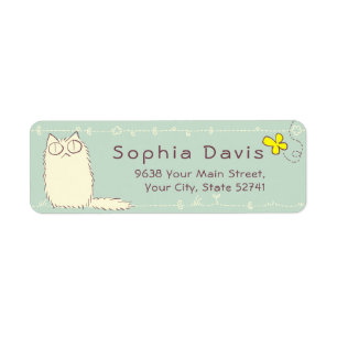 Fluffy Cat and Yellow Butterfly Custom text Return Address Label