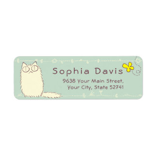 Fluffy Cat and Yellow Butterfly Custom text Return Address Label