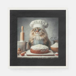 Fluffy cat baking a cake napkin