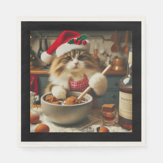 Fluffy cat baking boozy christmas pudding napkin