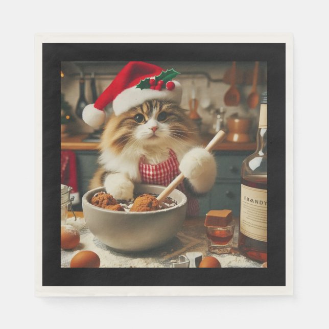 Fluffy cat baking boozy christmas pudding  napkin (Front)