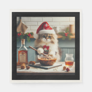 Fluffy cat baking boozy christmas pudding napkin