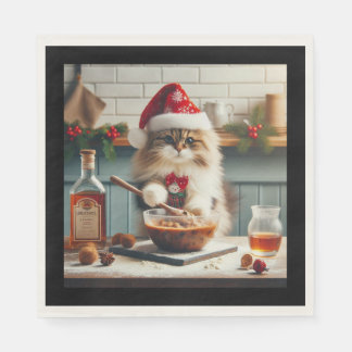 Fluffy cat baking boozy christmas pudding napkin