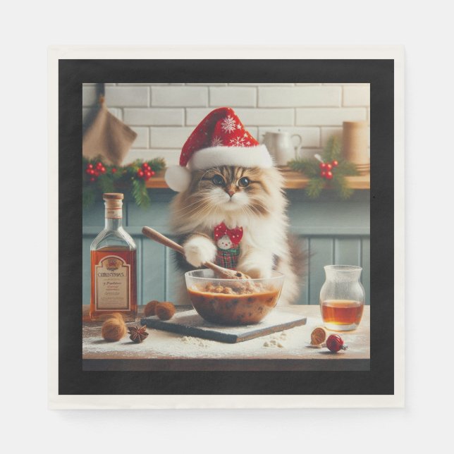 Fluffy cat baking boozy christmas pudding  napkin (Front)