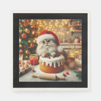 Fluffy cat baking the christmas cake napkin