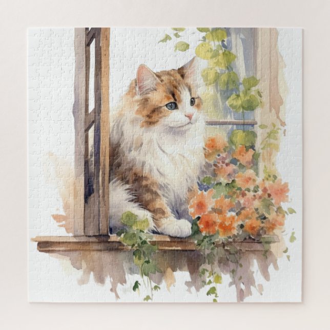 Fluffy Cat Farmhouse Window Orange Floral Painting Jigsaw Puzzle (Vertical)