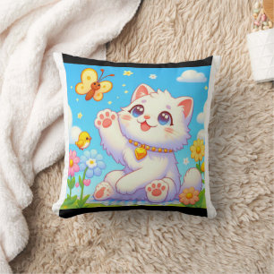 Fluffy cat playing with butterfly cushion