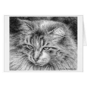 Fluffy Cat Portrait Pen and Ink Drawing Card