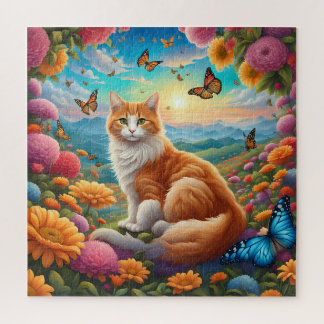 Fluffy Cat Sitting in a Field of Flowers Jigsaw Puzzle