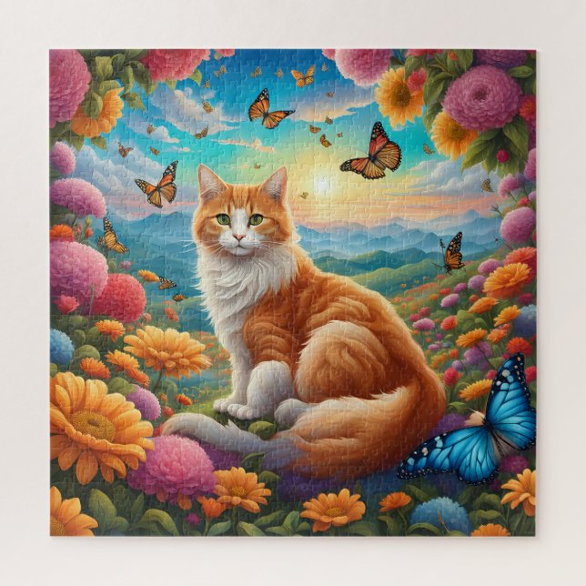 Fluffy Cat Sitting in a Field of Flowers Jigsaw Puzzle (Vertical)
