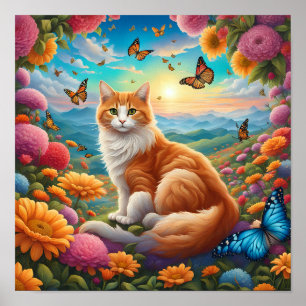 Fluffy Cat Sitting in a Field of Flowers Poster