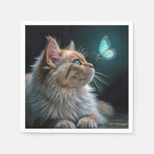 Fluffy Cat With a Glowing Neon Butterfly Napkin (Front)