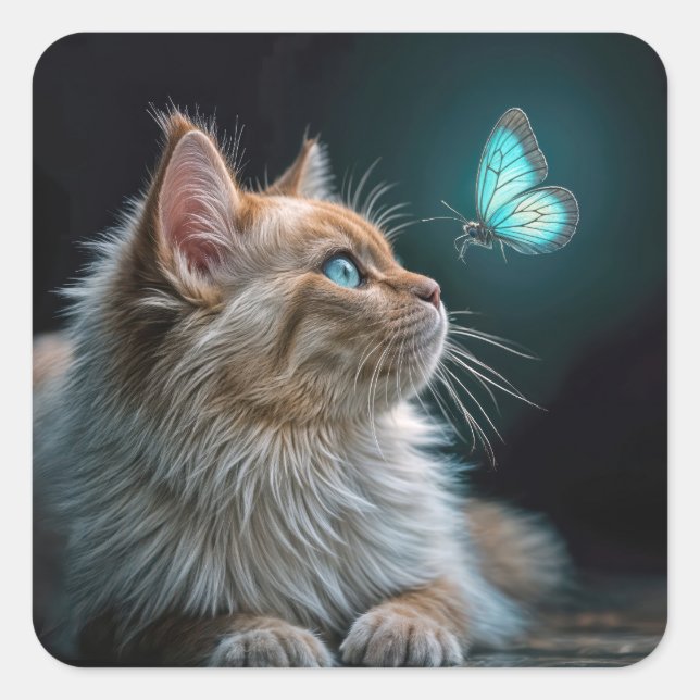 Fluffy Cat With a Glowing Neon Butterfly Square Sticker (Front)