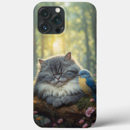 Fluffy cat with bird friend illustration iPhone 13 pro max case