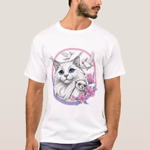 Fluffy Cat with Ferret and Cockatoos T-Shirt