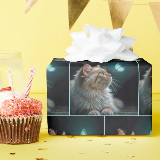 Fluffy Cat With Neon Butterfly Wrapping Paper (Birthday Party)