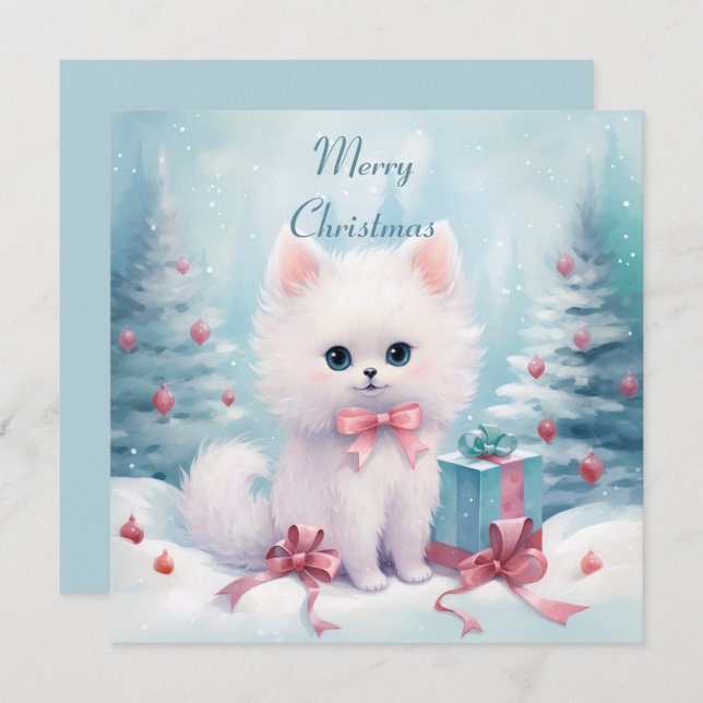 Fluffy Cat with Pink Bow Holiday Card (Front/Back)