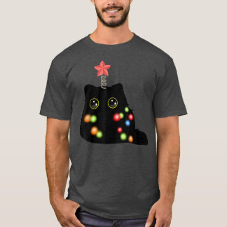 Fluffy Christmas Black Cat Santa Hat Xmas Lights23 T-Shirt