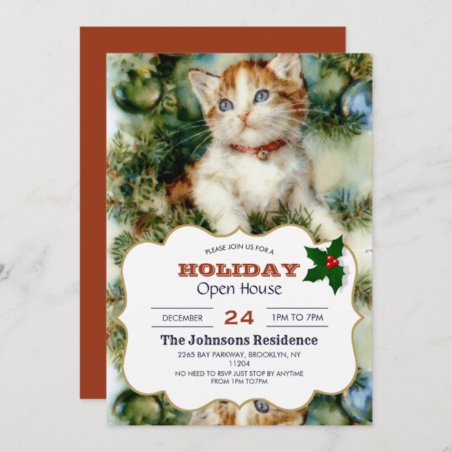 Fluffy christmas cat Watercolor           Invitation (Front/Back)