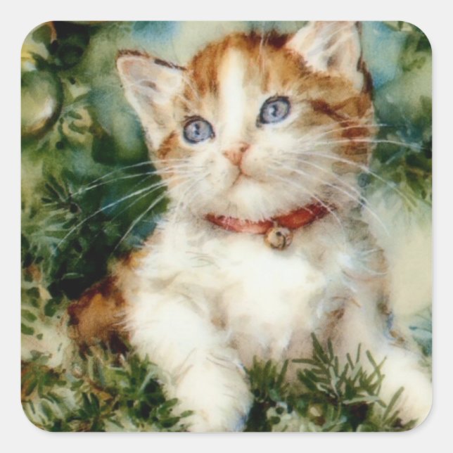 Fluffy christmas cat Watercolor Square Sticker (Front)