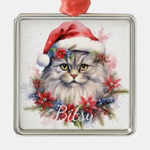 FLUFFY CHRISTMAS HOLIDAY CAT FACE METAL ORNAMENT