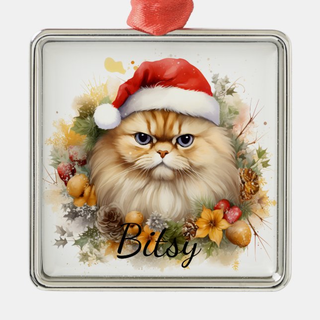 FLUFFY CHRISTMAS HOLIDAY CAT FACE METAL ORNAMENT (Front)