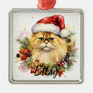 FLUFFY CHRISTMAS HOLIDAY CAT FACE METAL ORNAMENT