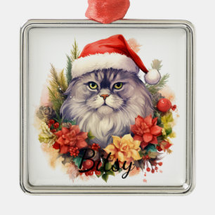 FLUFFY CHRISTMAS HOLIDAY CAT FACE METAL ORNAMENT