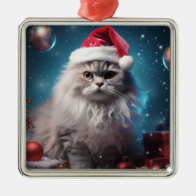 FLUFFY CHRISTMAS HOLIDAY SILVER PERSIAN CAT METAL ORNAMENT (Front)