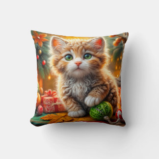 Fluffy Christmas Kitten Throw Pillow