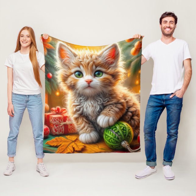 Fluffy Christmas Kitten Throw Pillow Fleece Blanket (In Situ)