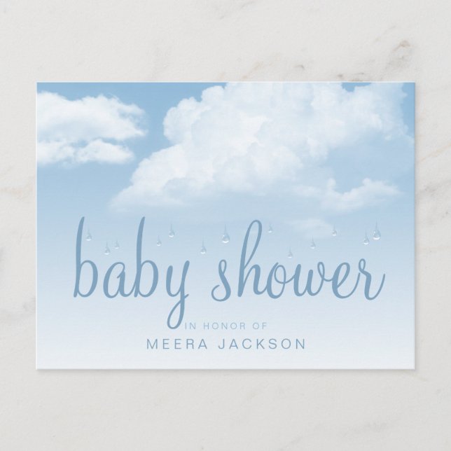Fluffy Clouds Raindrops Baby Shower Invitation Postcard (Front)