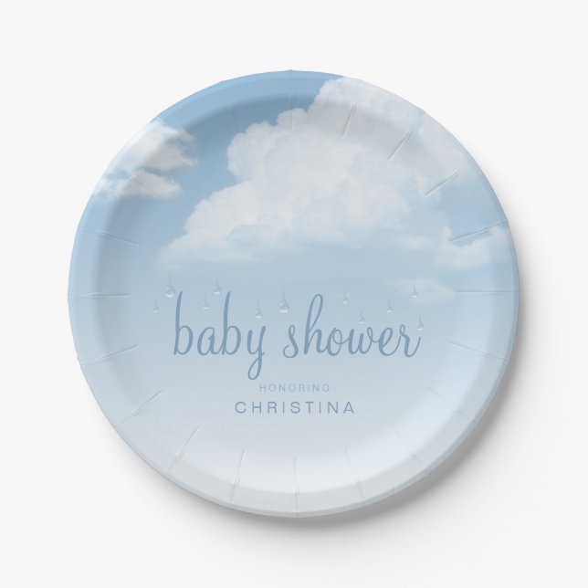 Fluffy Clouds Raindrops Baby Shower Paper Plate (Front)