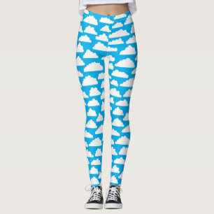 Fluffy Clouds - White on #00b0ef Sky Blue Leggings