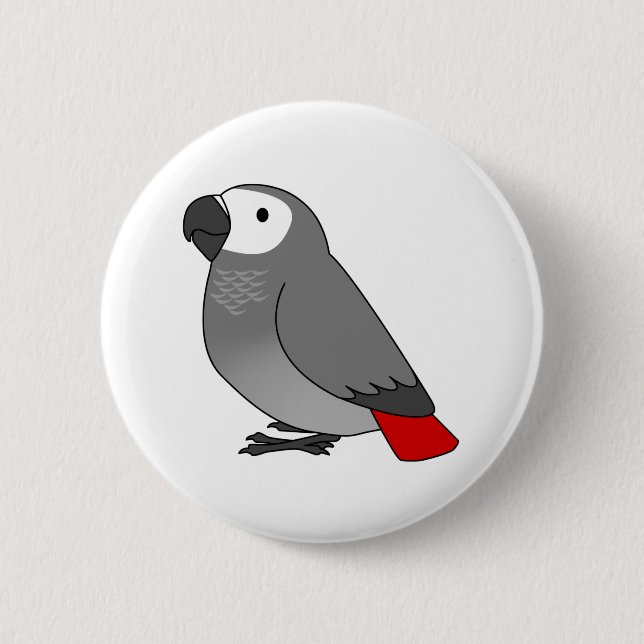 Fluffy congo african grey parrot cartoon drawing 6 cm round badge (Front)
