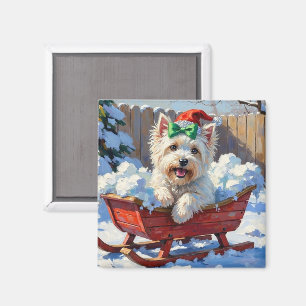 Fluffy Coton de Tulear Dog Vintage Christmas Sled Magnet