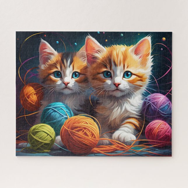 Fluffy cute calico Kittens, Colourful Yarn, Space Jigsaw Puzzle (Horizontal)